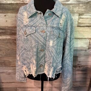Paisley Patterned Distressed Light Blue Denim Jacket-NWT
